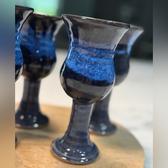 Set of 4 Thrown/ Handmade Blue Pottery Wine Goblets - Picture 2 of 6
